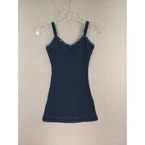 Y2K Aeropostale Cami Tank Top Shelf Bra Lace Trim Blue Ribbed Sz XS Embellished